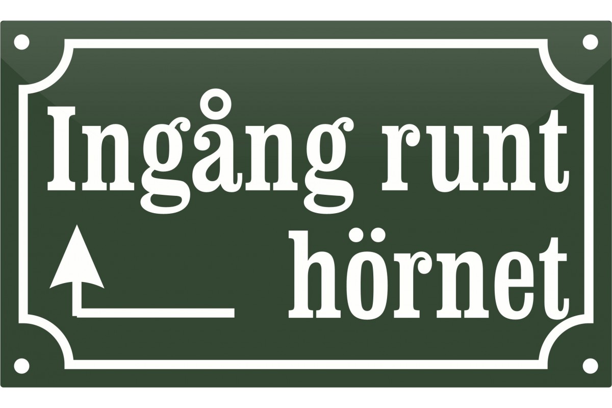 Hänvisningsskylt "Ingång runt hörnet med pil vänster" emalj engelsk grön/vit 20x12 cm M61 Hänvisningsskylt "Ingång runt hörnet med pil vänster" emalj engelsk grön/vit 20x12 cm M61