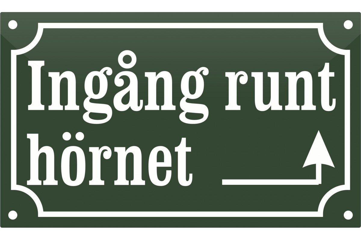 Hänvisningsskylt "Ingång runt hörnet med pil höger" emalj engelsk grön/vit 20x12 cm M61 Hänvisningsskylt "Ingång runt hörnet med pil höger" emalj engelsk grön/vit 20x12 cm M61