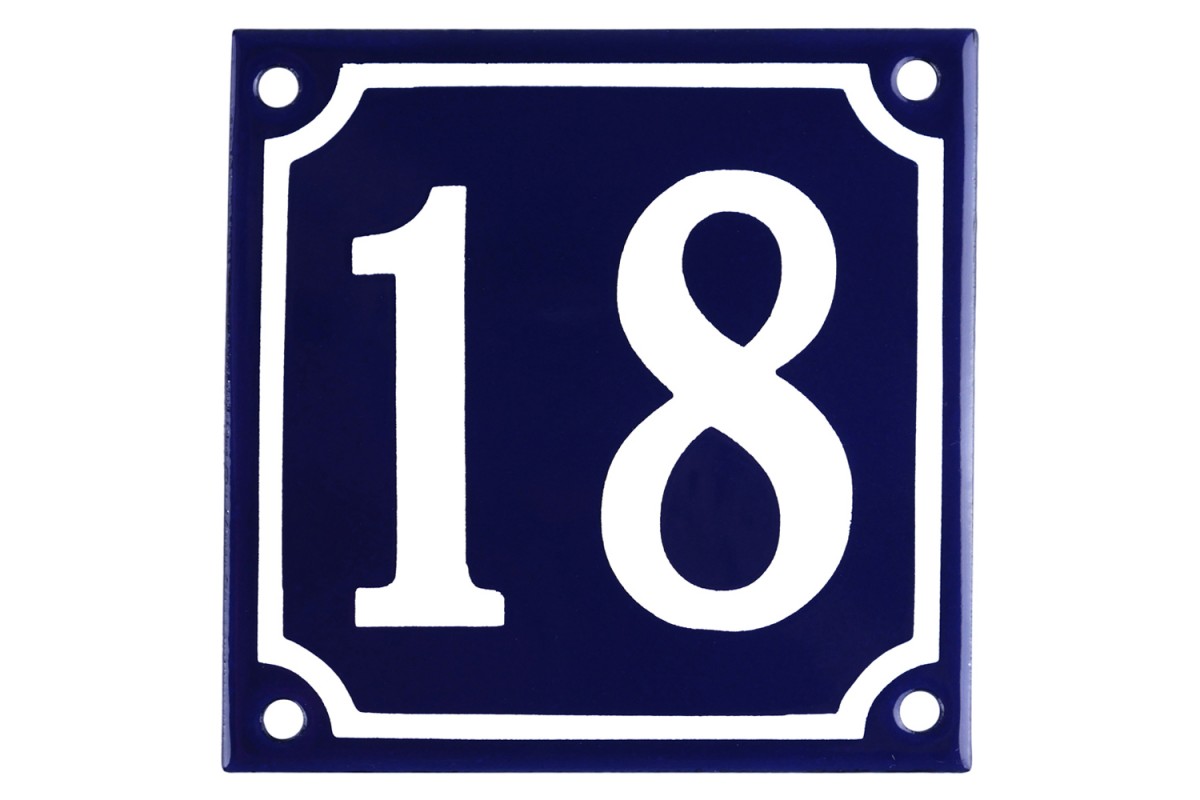 Emaljskylt 18 blå - vit 10 x 10 cm modell 11 Emaljskylt 18 blå - vit 10 x 10 cm modell 11