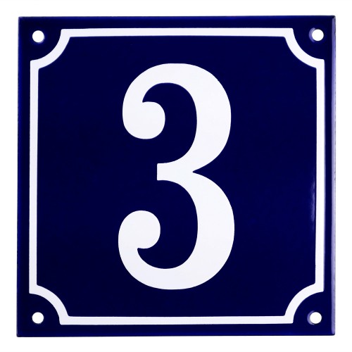 Emaljskylt 3 blå - vit 15 x 15 cm modell 11