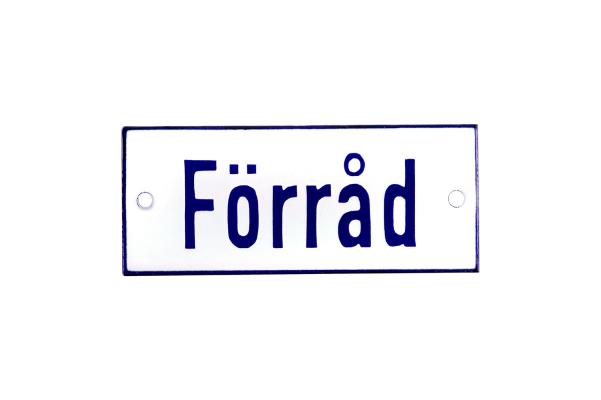 Emaljskylt Förråd vit - blå 12 x 5 cm modell 1 Emaljskylt Förråd vit - blå 12 x 5 cm modell 1
