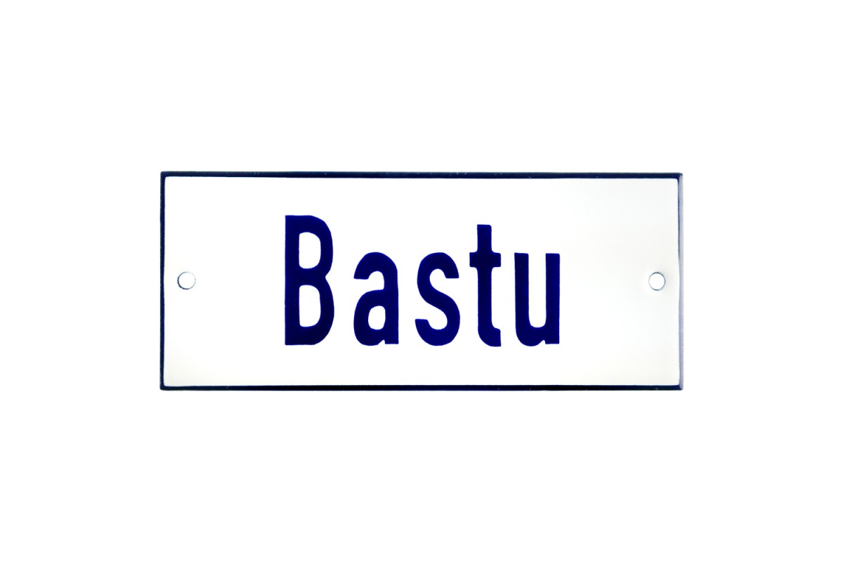 Emaljskylt Bastu vit - blå 12 x 5 cm modell 1 Emaljskylt Bastu vit - blå 12 x 5 cm modell 1