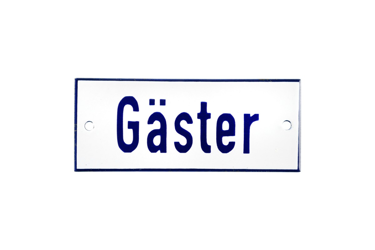 Emaljskylt Gäster vit - blå 12 x 5 cm modell 1 Emaljskylt Gäster vit - blå 12 x 5 cm modell 1