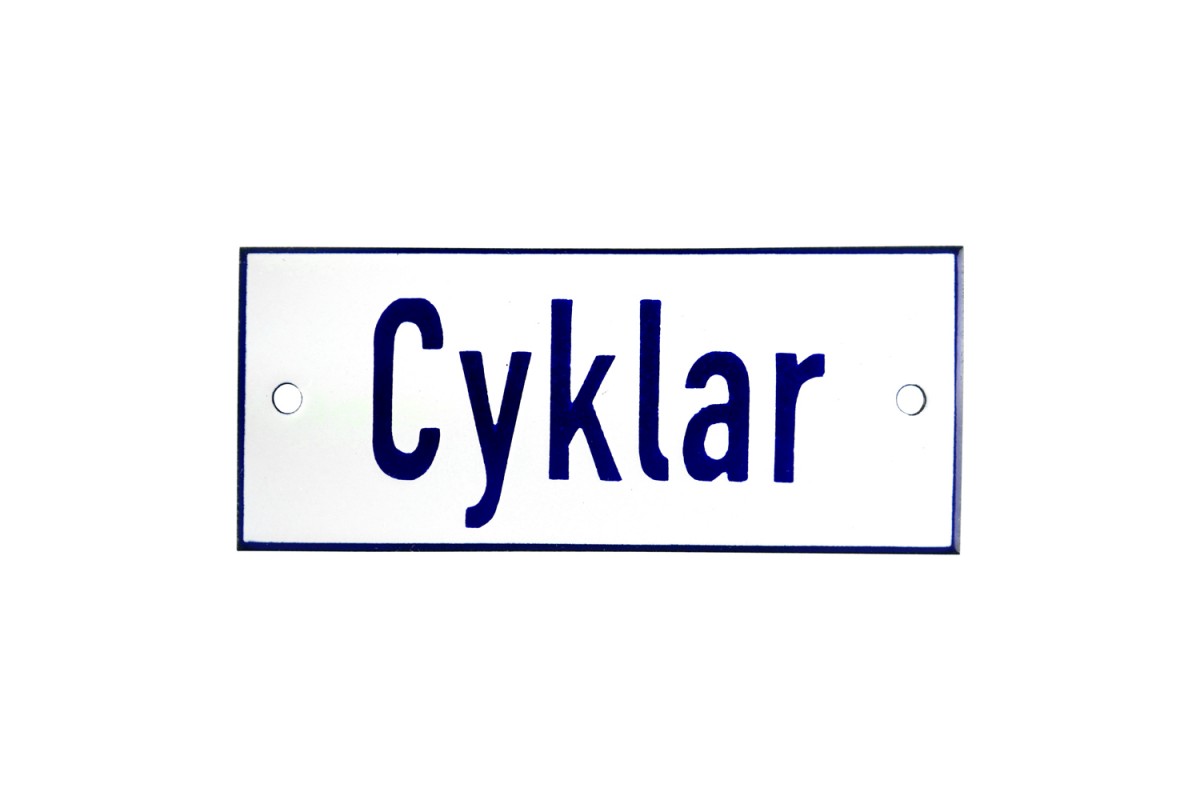 Emaljskylt Cyklar vit - blå 12 x 5 cm modell 1 Emaljskylt Cyklar vit - blå 12 x 5 cm modell 1