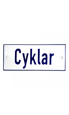 Emaljskylt Cyklar vit - blå 12 x 5 cm modell 1 Emaljskylt Cyklar vit - blå 12 x 5 cm modell 1