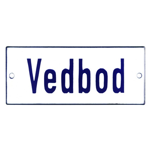 Emaljskylt Vedbod vit - blå 12 x 5 cm modell 1 Emaljskylt Vedbod vit - blå 12 x 5 cm modell 1