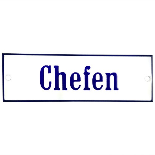 Emaljskylt Chefen vit - blå 12 x 5 cm modell 3