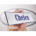 Emaljskylt Chefen vit - blå 12 x 5 cm modell 3