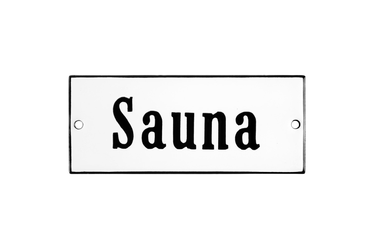 Emaljskylt Sauna vit - svart 12 x 5 cm modell 4 Emaljskylt Sauna vit - svart 12 x 5 cm modell 4