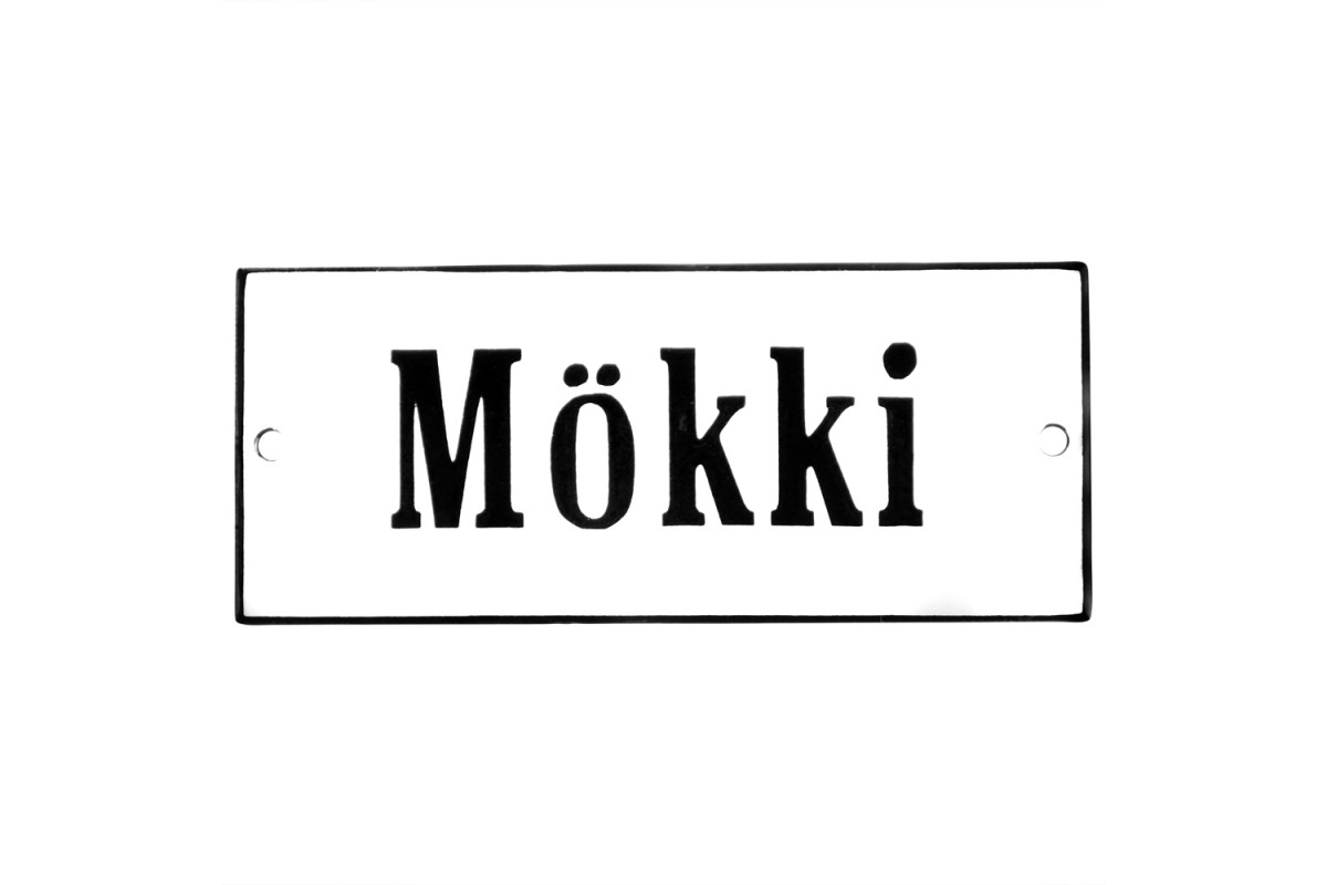 Emaljskylt Mökki vit - svart 12 x 5 cm modell 4 Emaljskylt Mökki vit - svart 12 x 5 cm modell 4