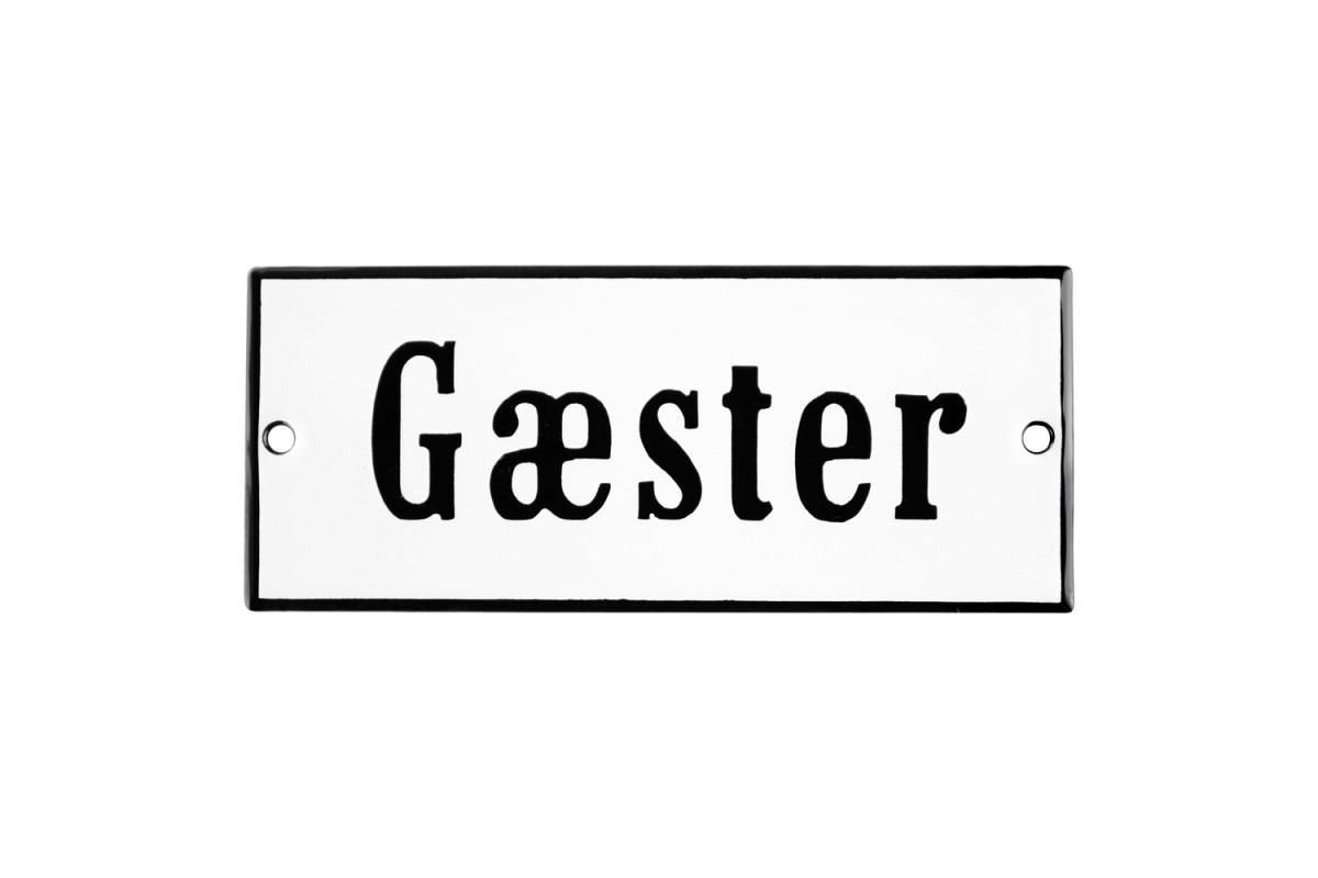 Emaljskylt Gæster vit - svart 12 x 5 cm modell 4 Emaljskylt Gæster vit - svart 12 x 5 cm modell 4