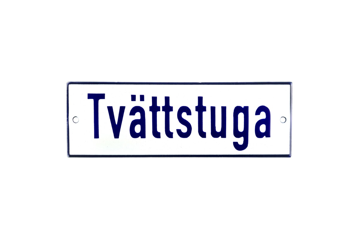 Emaljskylt Tvättstuga vit - blå 15 x 5 cm modell 1 Emaljskylt Tvättstuga vit - blå 15 x 5 cm modell 1
