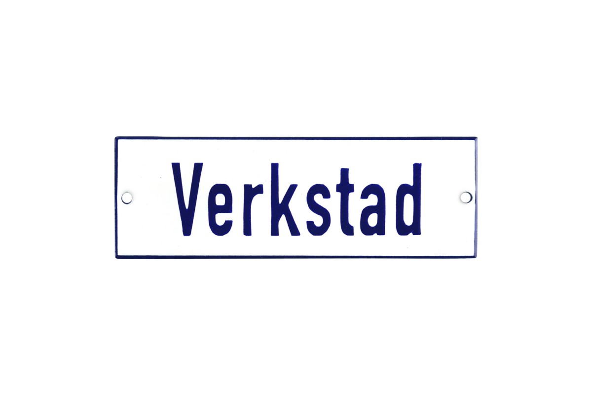 Emaljskylt Verkstad vit - blå 15 x 5 cm modell 1 Emaljskylt Verkstad vit - blå 15 x 5 cm modell 1