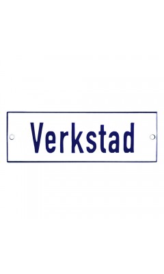 Emaljskylt Verkstad vit - blå 15 x 5 cm modell 1 Emaljskylt Verkstad vit - blå 15 x 5 cm modell 1