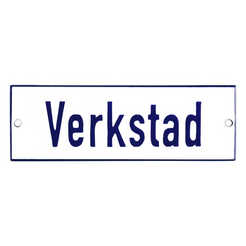 Emaljskylt Verkstad vit - blå 15 x 5 cm modell 1 Emaljskylt Verkstad vit - blå 15 x 5 cm modell 1