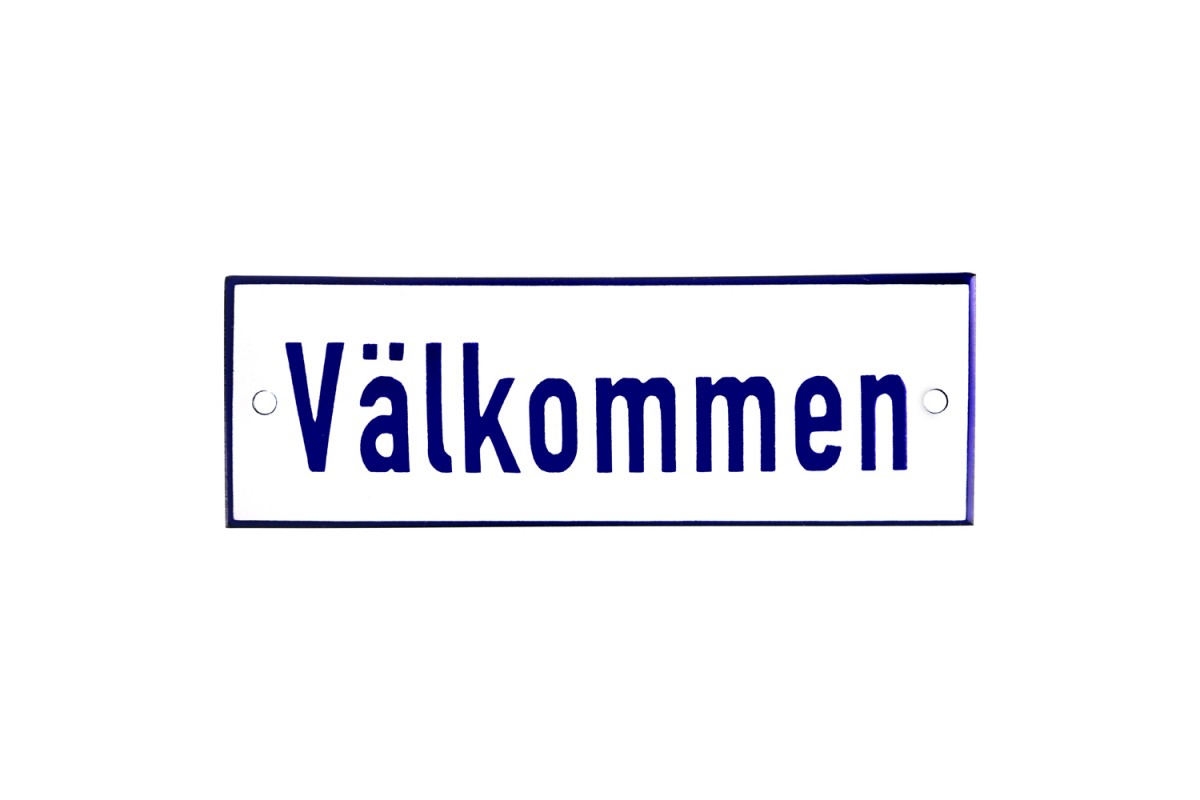 Emaljskylt Välkommen vit - blå 15 x 5 cm modell 1 Emaljskylt Välkommen vit - blå 15 x 5 cm modell 1