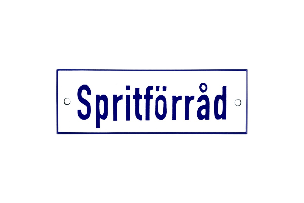 Emaljskylt Spritförråd vit - blå 15 x 5 cm modell 1 Emaljskylt Spritförråd vit - blå 15 x 5 cm modell 1