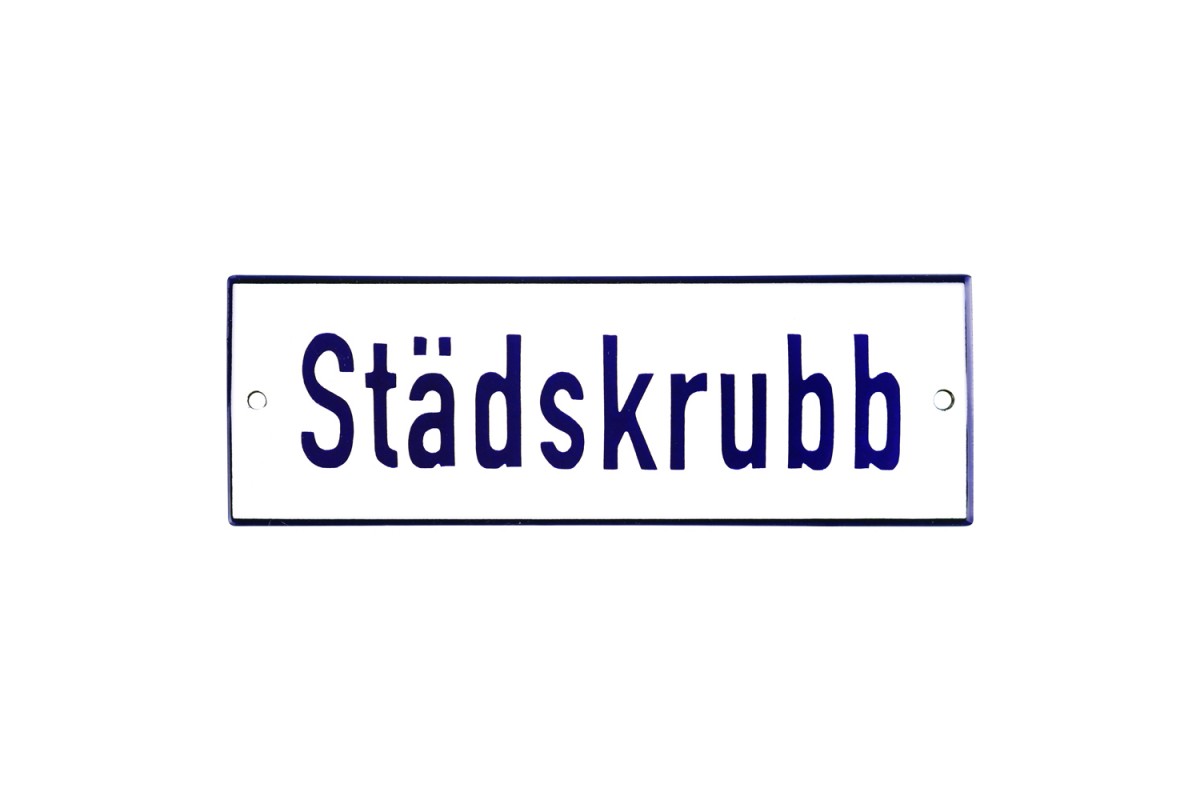 Emaljskylt Städskrubb vit - blå 15 x 5 cm modell 1 Emaljskylt Städskrubb vit - blå 15 x 5 cm modell 1