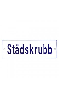 Emaljskylt Städskrubb vit - blå 15 x 5 cm modell 1 Emaljskylt Städskrubb vit - blå 15 x 5 cm modell 1