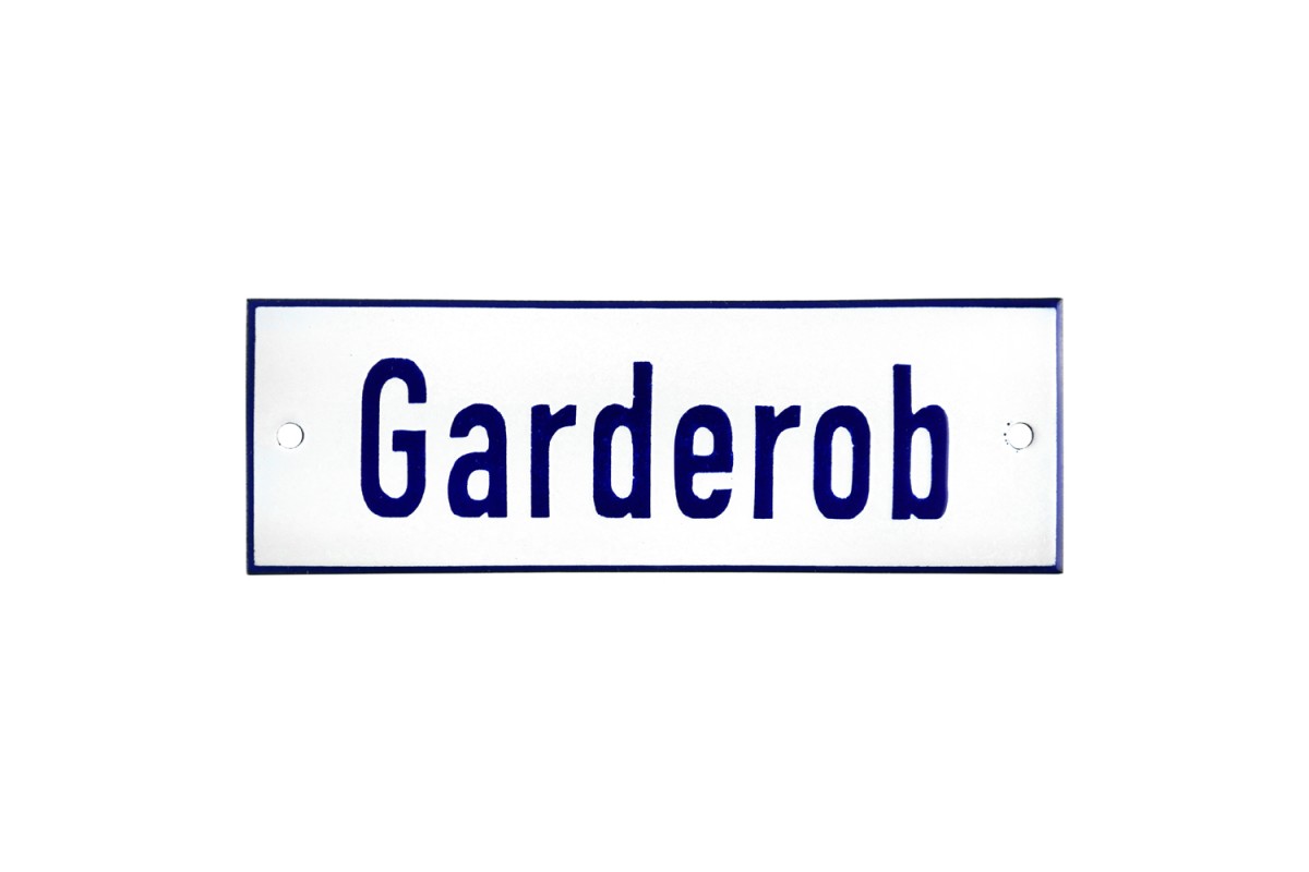 Emaljskylt Garderob vit - blå 15 x 5 cm modell 1 Emaljskylt Garderob vit - blå 15 x 5 cm modell 1