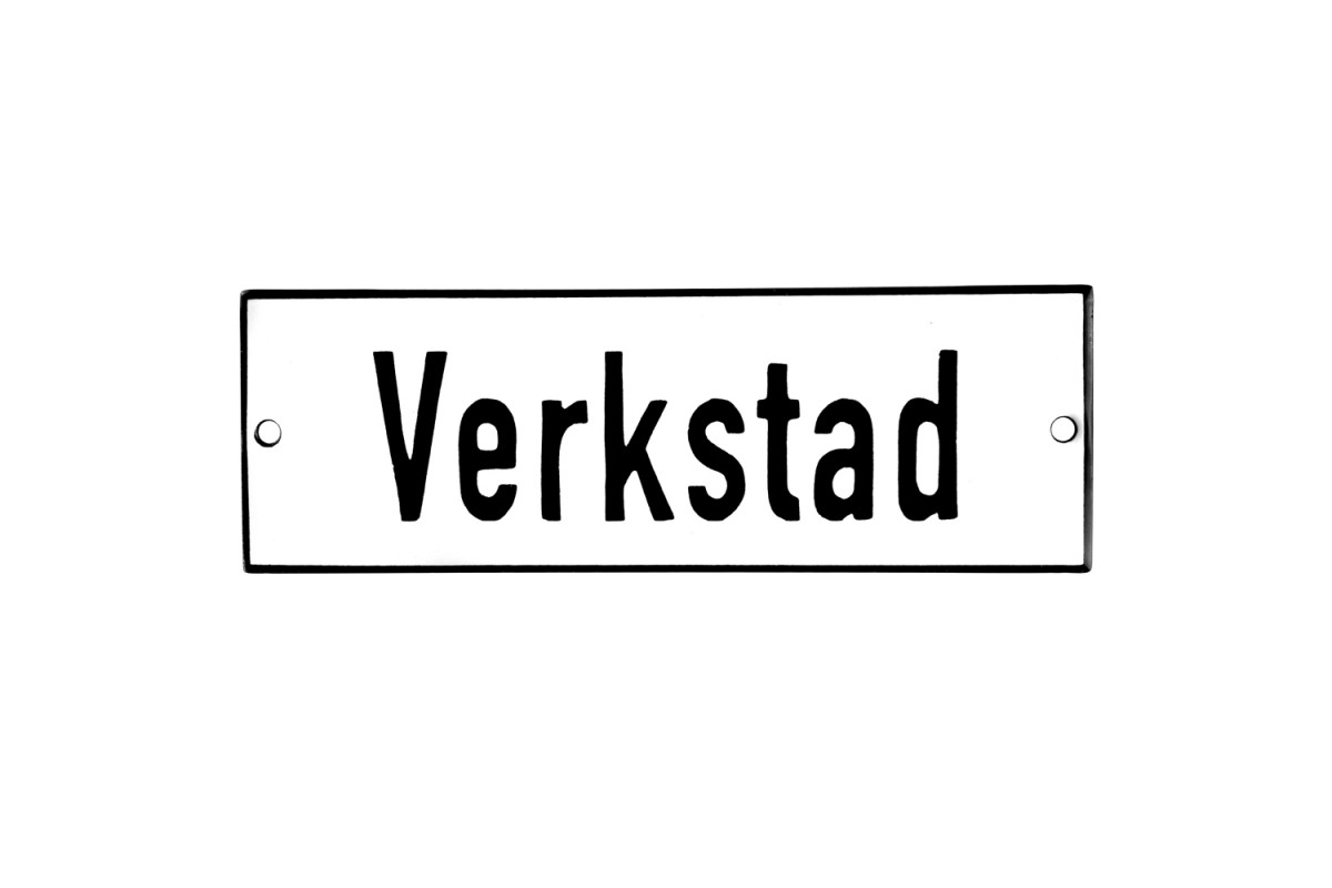 Emaljskylt Verkstad vit - svart 15 x 5 cm modell 2 Emaljskylt Verkstad vit - svart 15 x 5 cm modell 2