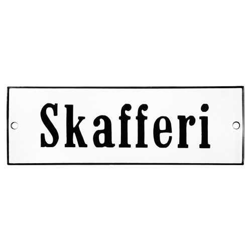 Emaljskylt Skafferi vit - svart 15 x 5 cm modell 4
