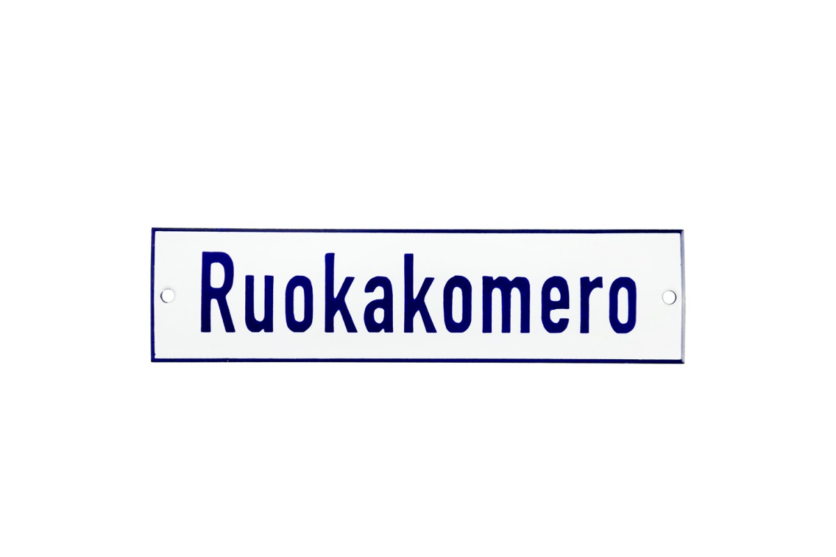 Emaljskylt Ruokakomero vit - blå 20 x 5 cm modell 1 Emaljskylt Ruokakomero vit - blå 20 x 5 cm modell 1