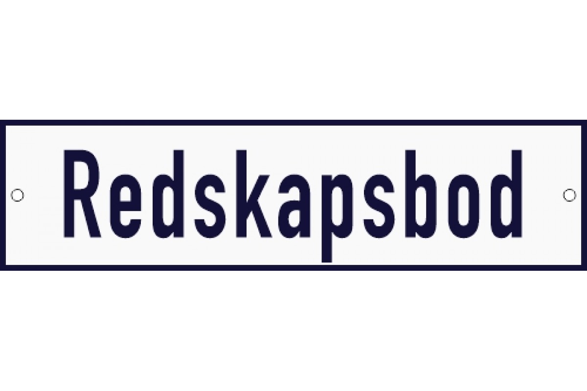Emaljskylt Redskapsbod vit - blå 20 x 5 cm modell 1 Emaljskylt Redskapsbod vit - blå 20 x 5 cm modell 1