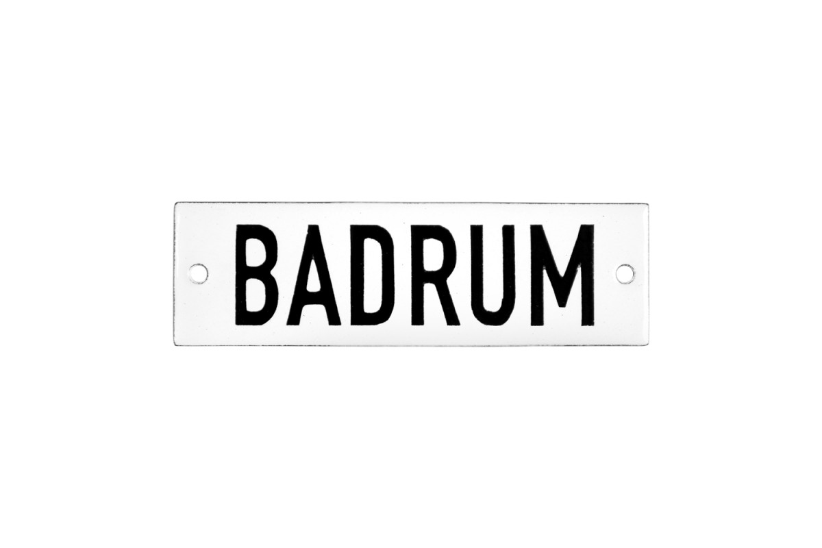 Emaljskylt BADRUM vit - svart 10 x 3 cm modell 20 Emaljskylt BADRUM vit - svart 10 x 3 cm modell 20