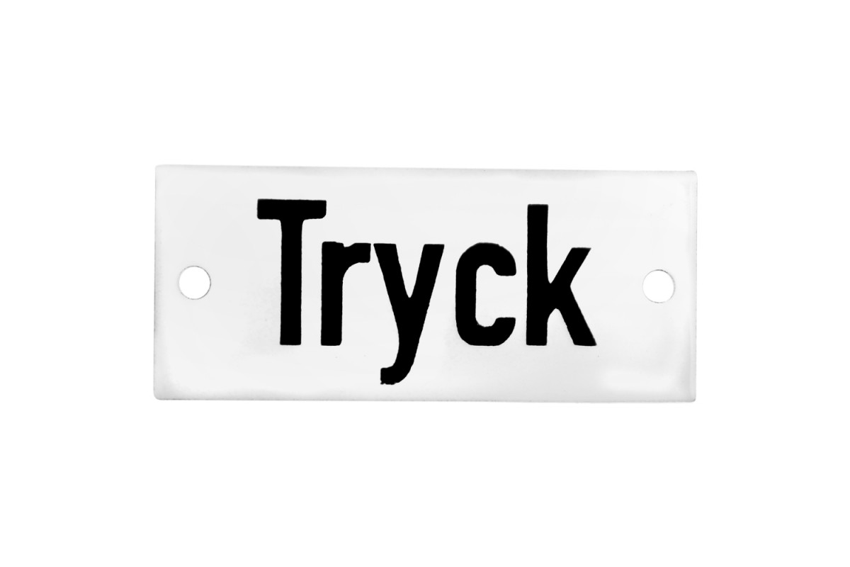 Emaljskylt Tryck vit - svart 7 x 3 cm modell 20 Emaljskylt Tryck vit - svart 7 x 3 cm modell 20