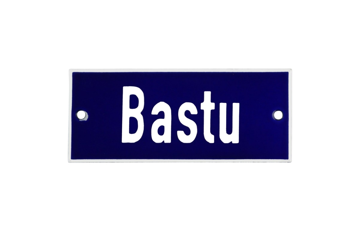 Emaljskylt Bastu blå - vit 12 x 5 cm modell 5 Emaljskylt Bastu blå - vit 12 x 5 cm modell 5