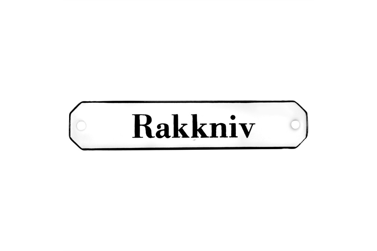 Emaljskylt Rakkniv vit - svart 10 x 2 cm modell 30 Emaljskylt Rakkniv vit - svart 10 x 2 cm modell 30