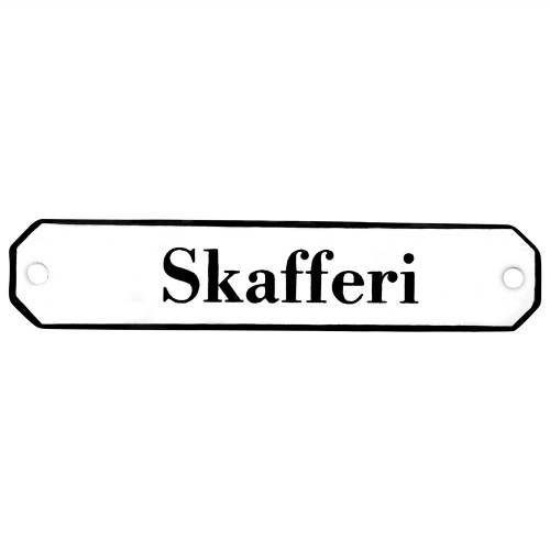 Emaljskylt Skafferi vit - svart 10 x 2 cm modell 30