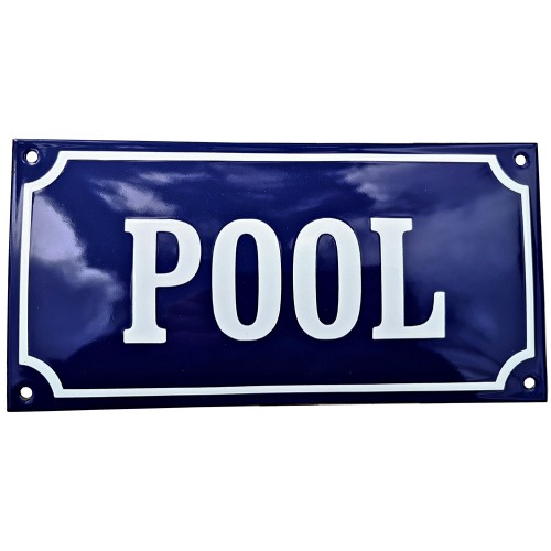 Emaljskylt POOL blå - vit 24 x 12 cm modell 11