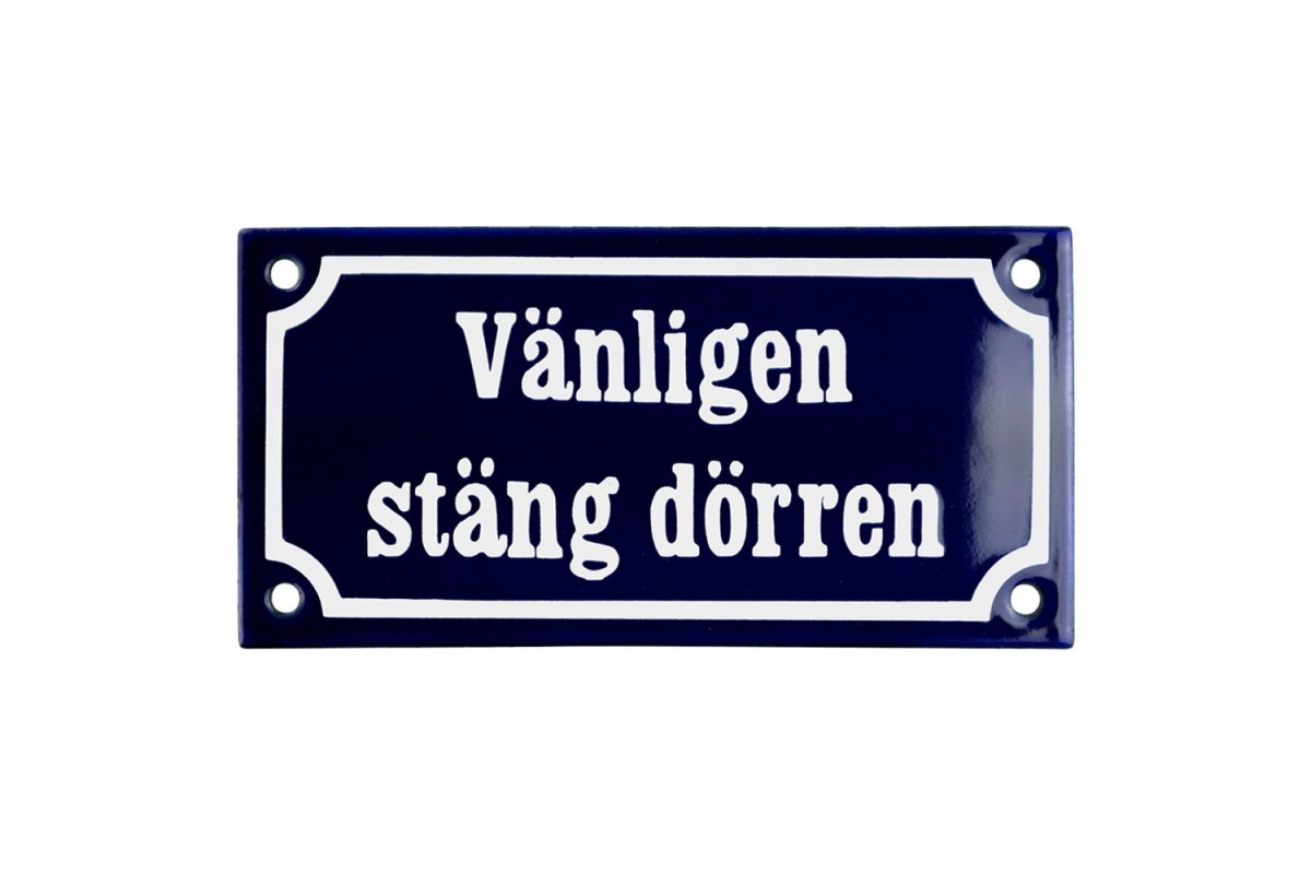 Emaljskylt Vänligen stäng dörren blå - vit 15 x 7,5 cm modell 11 Emaljskylt Vänligen stäng dörren blå - vit 15 x 7,5 cm modell 11