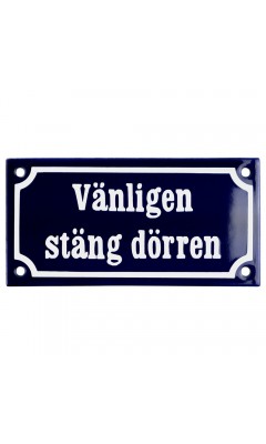 Emaljskylt Vänligen stäng dörren blå - vit 15 x 7,5 cm modell 11 Emaljskylt Vänligen stäng dörren blå - vit 15 x 7,5 cm modell 11