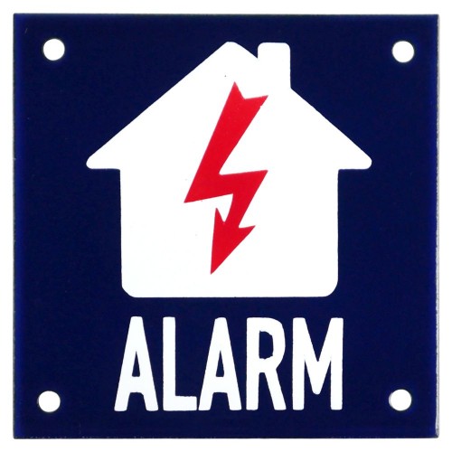 Emaljskylt ALARM flash blå - vit 10 x 10 cm modell 34