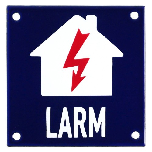 Emaljskylt LARM blixt blå - vit 10 x 10 cm modell 34