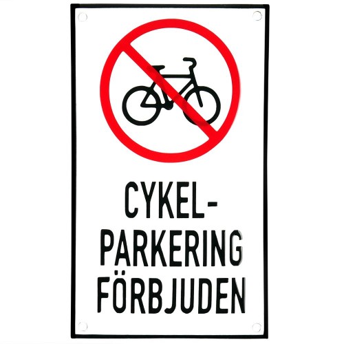 Emaljskylt CYKEL-PARKERING FÖRBJUDEN vit - svart 12 x 20 cm modell 35