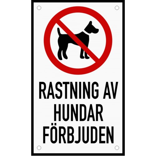 Emaljskylt RASTNING AV HUNDAR FÖRBJUDEN vit - svart 12 x 20 cm modell 35
