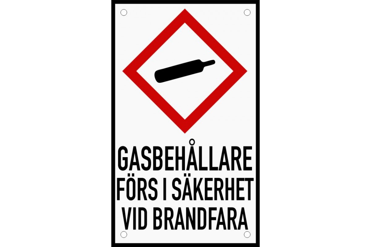 Emaljskylt GASBEHÅLLARE FÖRS I SÄKERHET VID BRANDFARA vit - svart 12 x 20 cm modell 35 Emaljskylt GASBEHÅLLARE FÖRS I SÄKERHET VID BRANDFARA vit - svart 12 x 20 cm modell 35