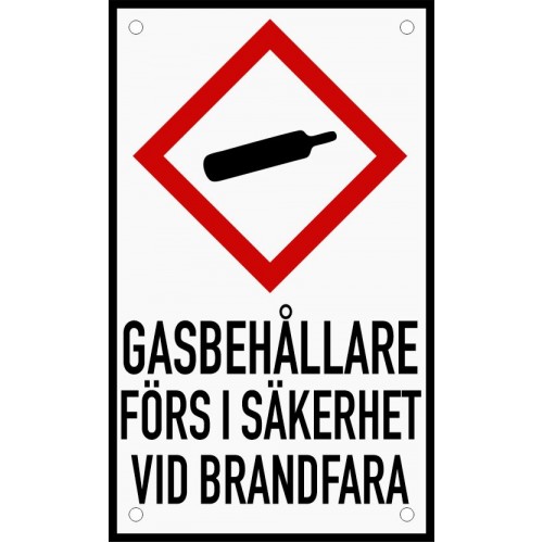 Emaljskylt GASBEHÅLLARE FÖRS I SÄKERHET VID BRANDFARA vit - svart 12 x 20 cm modell 35