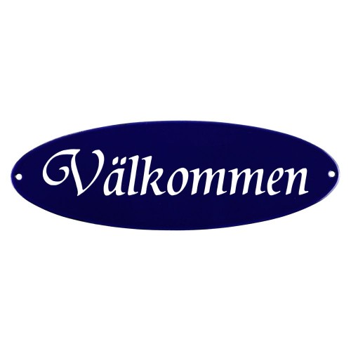 Emaljskylt Välkommen blå - vit 21 x 7 cm modell 32