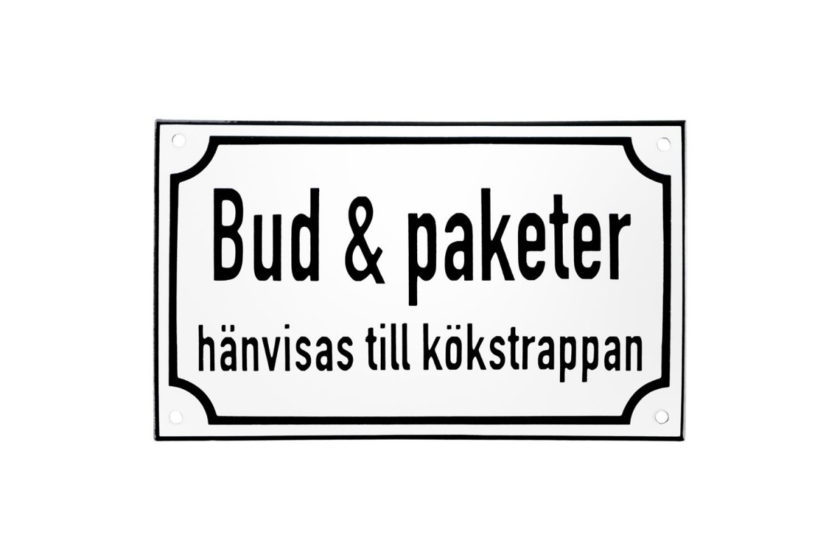 Emaljskylt Bud & paketer hänvisas till kökstrappan vit - svart 20 x 12 cm modell 39 Emaljskylt Bud & paketer hänvisas till kökstrappan vit - svart 20 x 12 cm modell 39