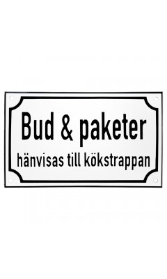 Emaljskylt Bud & paketer hänvisas till kökstrappan vit - svart 20 x 12 cm modell 39 Emaljskylt Bud & paketer hänvisas till kökstrappan vit - svart 20 x 12 cm modell 39