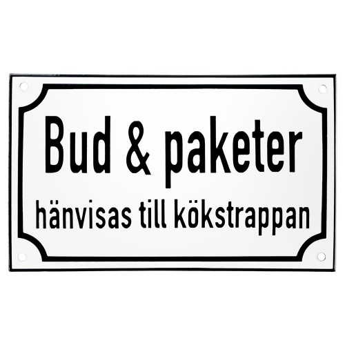 Emaljskylt Bud & paketer hänvisas till kökstrappan vit - svart 20 x 12 cm modell 39 Emaljskylt Bud & paketer hänvisas till kökstrappan vit - svart 20 x 12 cm modell 39
