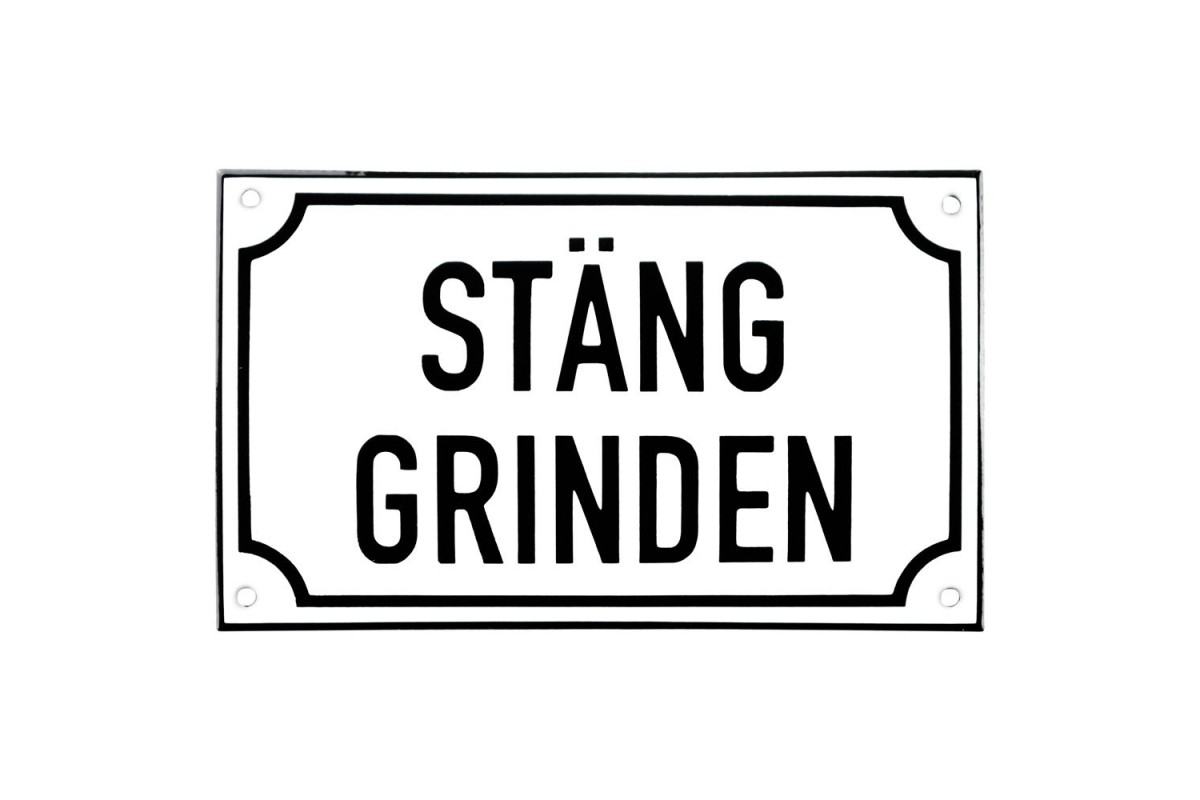 Emaljskylt STÄNG GRINDEN vit - svart 20 x 12 cm modell 39 Emaljskylt STÄNG GRINDEN vit - svart 20 x 12 cm modell 39
