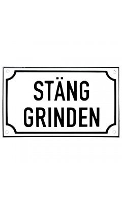 Emaljskylt STÄNG GRINDEN vit - svart 20 x 12 cm modell 39 Emaljskylt STÄNG GRINDEN vit - svart 20 x 12 cm modell 39