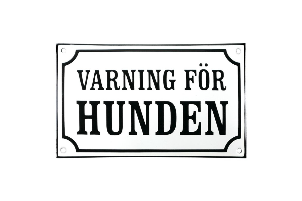 Emaljskylt VARNING FÖR HUNDEN vit - svart 20 x 12 cm modell 10 Emaljskylt VARNING FÖR HUNDEN vit - svart 20 x 12 cm modell 10