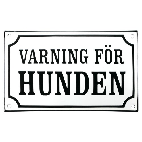 Emaljskylt VARNING FÖR HUNDEN vit - svart 20 x 12 cm modell 10
